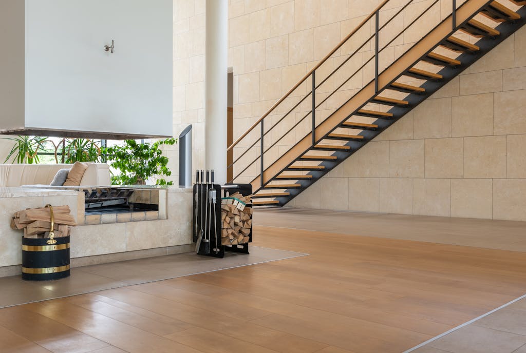Interior of contemporary spacious apartment with stairs and plant with fresh green leaves
